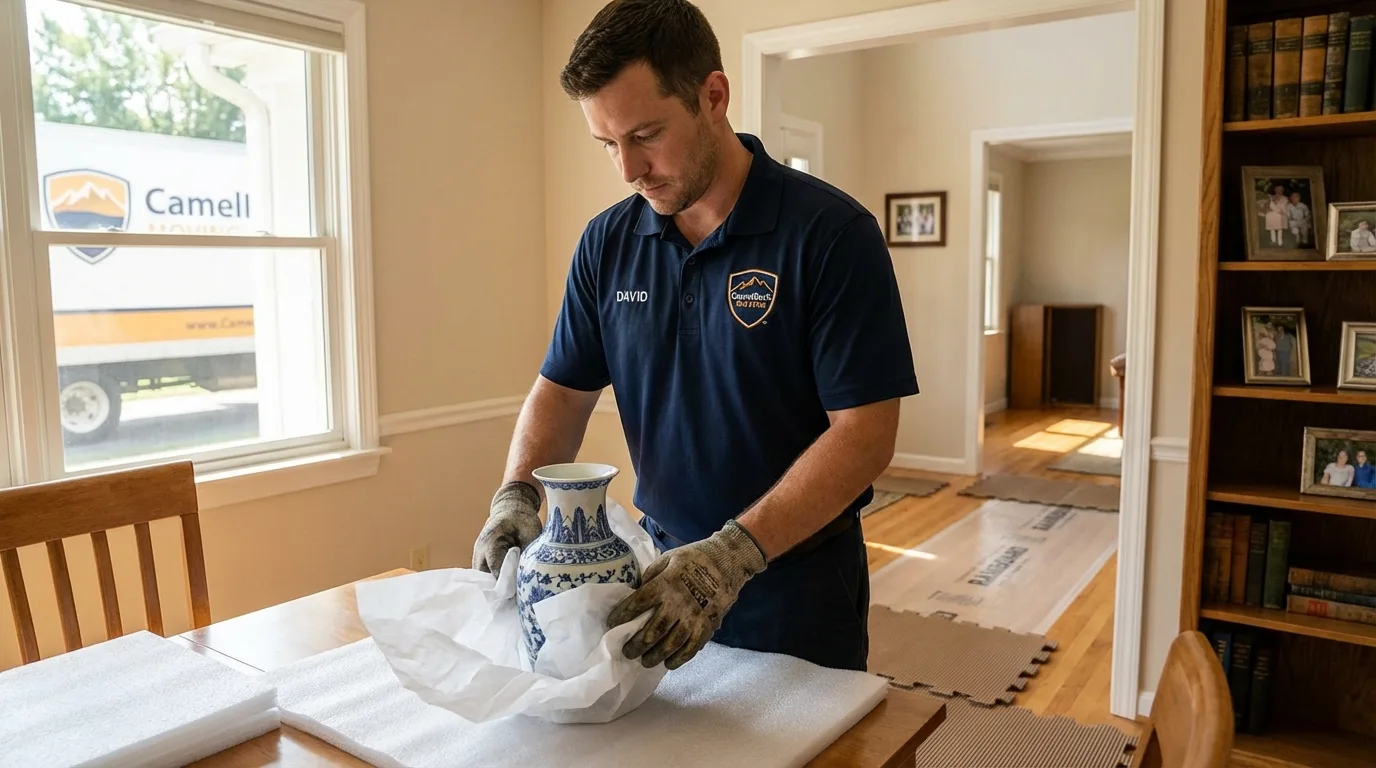 Professional crew carefully wrapping antique vase for senior downsizing move in Sebastopol, CA